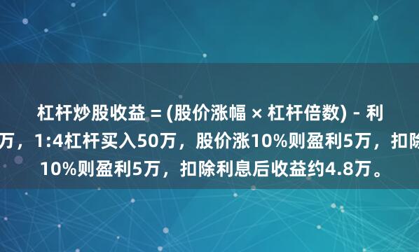 杠杆炒股收益 = (股价涨幅 × 杠杆倍数) - 利息成本。例如本金10万，1:4杠杆买入50万，股价涨10%则盈利5万，扣除利息后收益约4.8万。